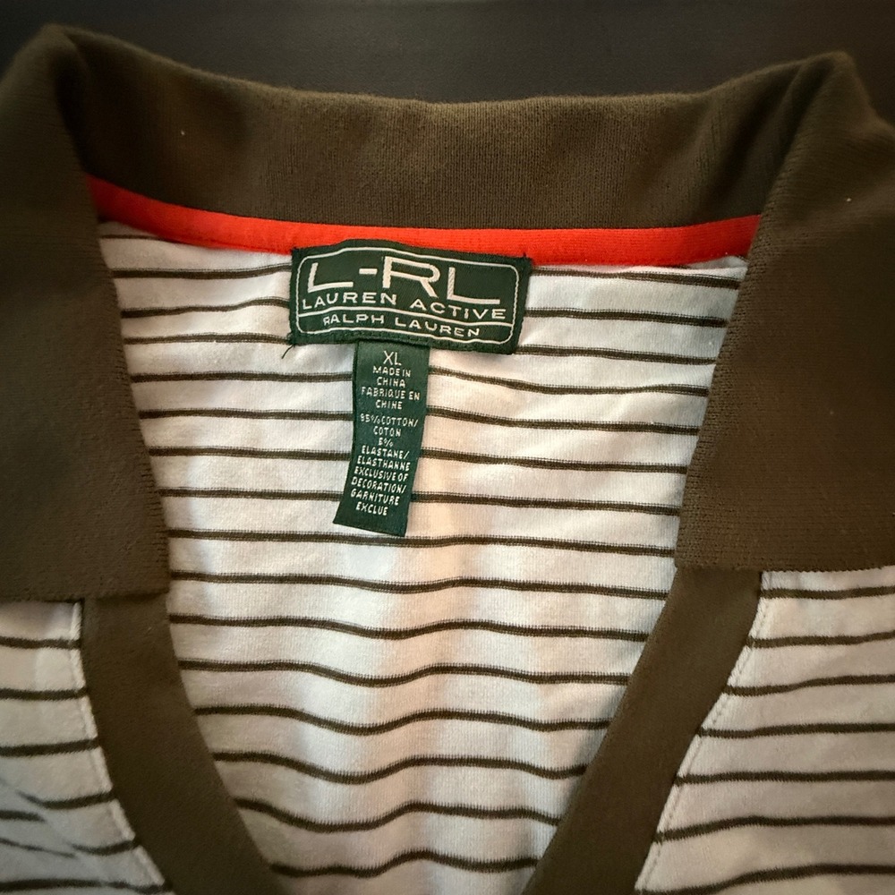 Lauren Active Ralph Lauren Womens XL Green White Striped V-Neck Polo Shirt - Picture 2 of 9